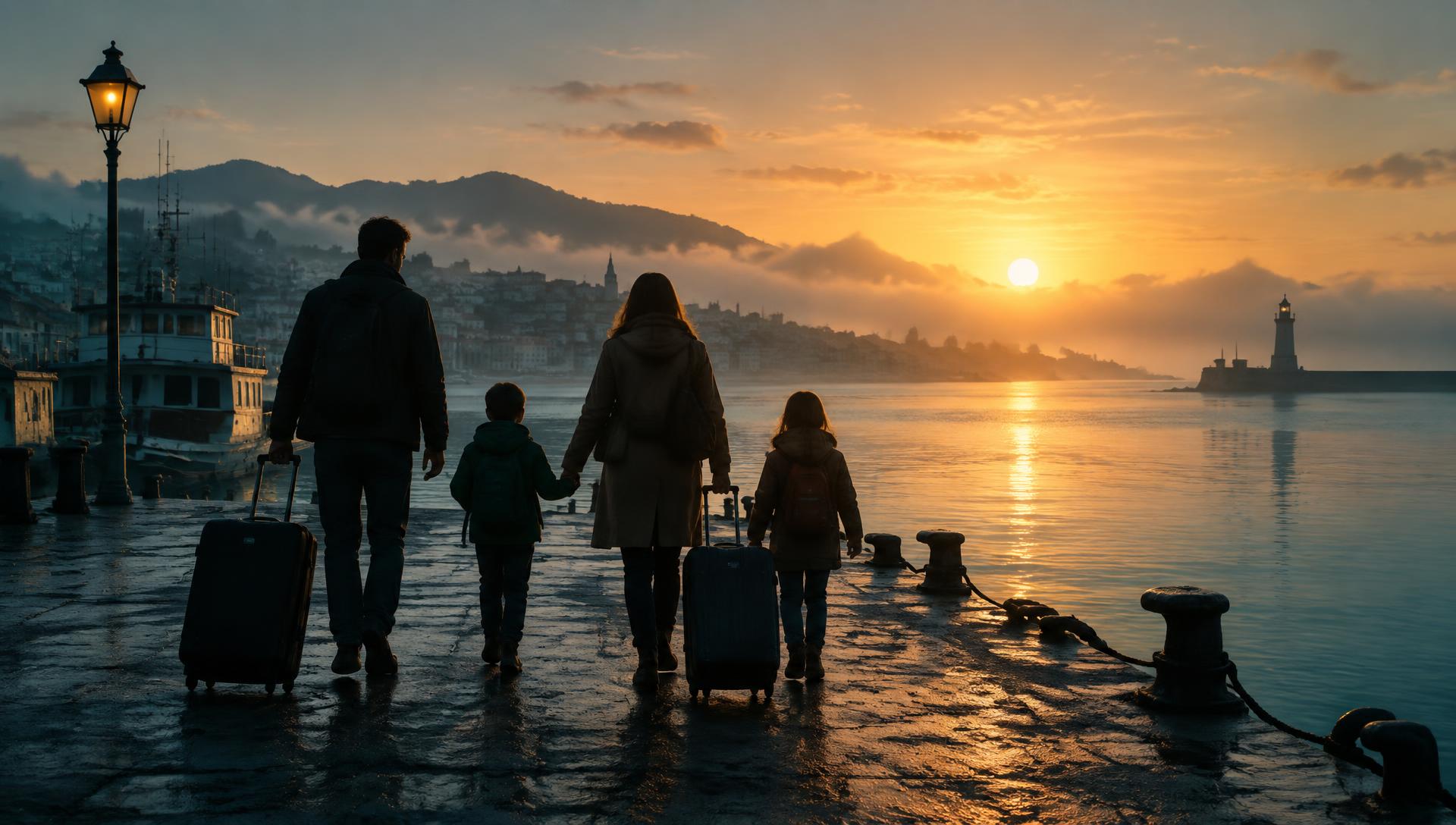 A family walking along a harbor pier at sunrise